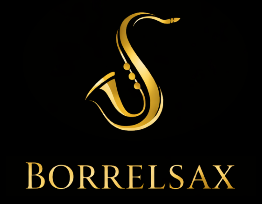 Borrelsax logo met gouden saxofoon – live, solo saxofonist voor borrels, recepties en events